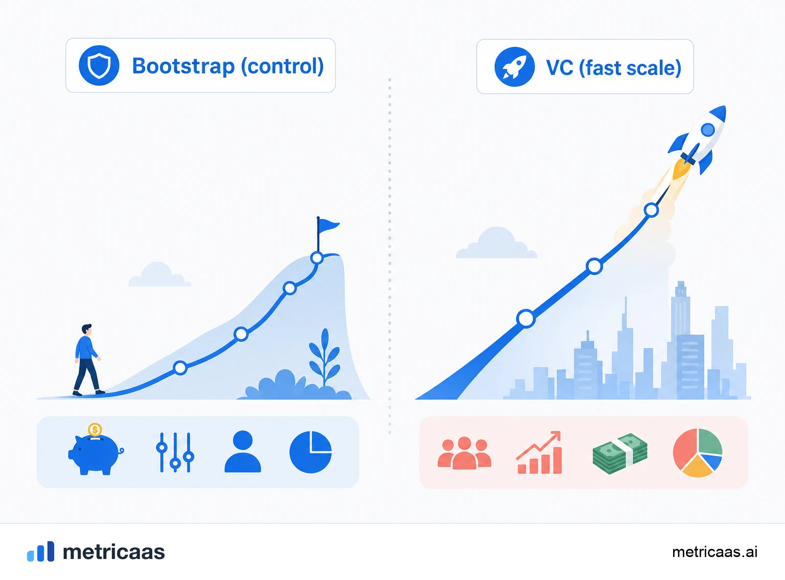 Illustration comparing two paths: growing through bootstrapping and growing with venture capital.