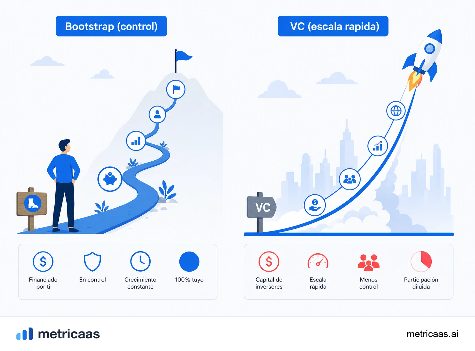 Ilustración que compara dos caminos: crecer con bootstrapping y crecer con capital de riesgo.