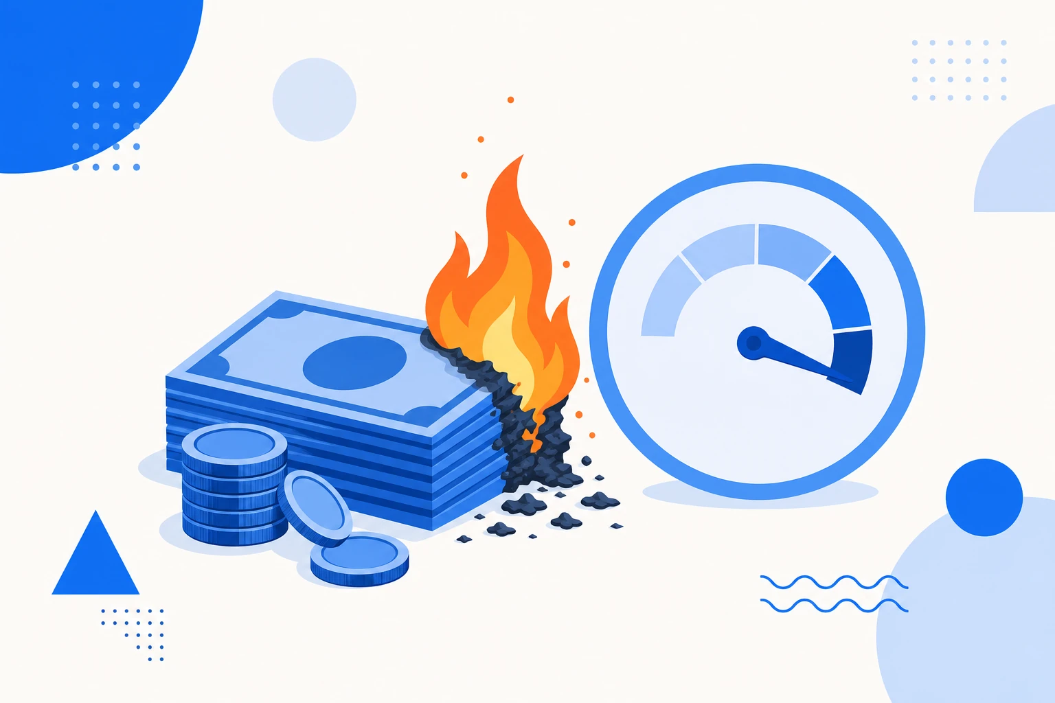 Illustration of burn rate: a cash reserve shrinking month after month as the company operates.