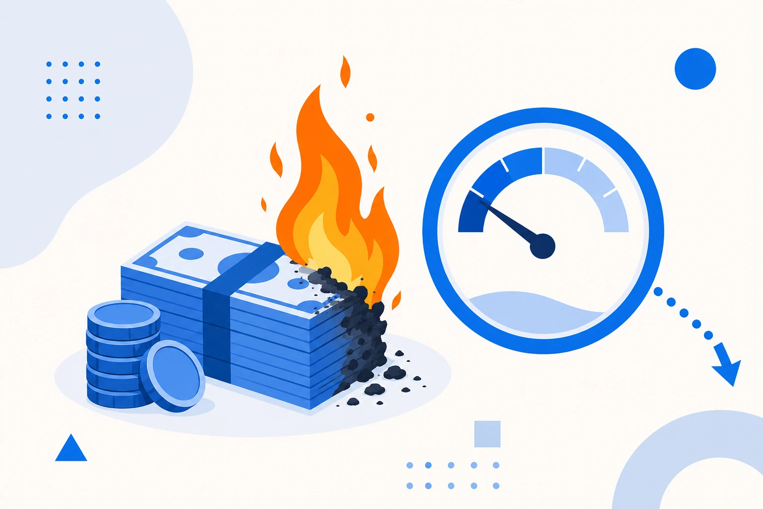 Ilustración de burn rate: una reserva de caja que disminuye mes a mes mientras la empresa opera.