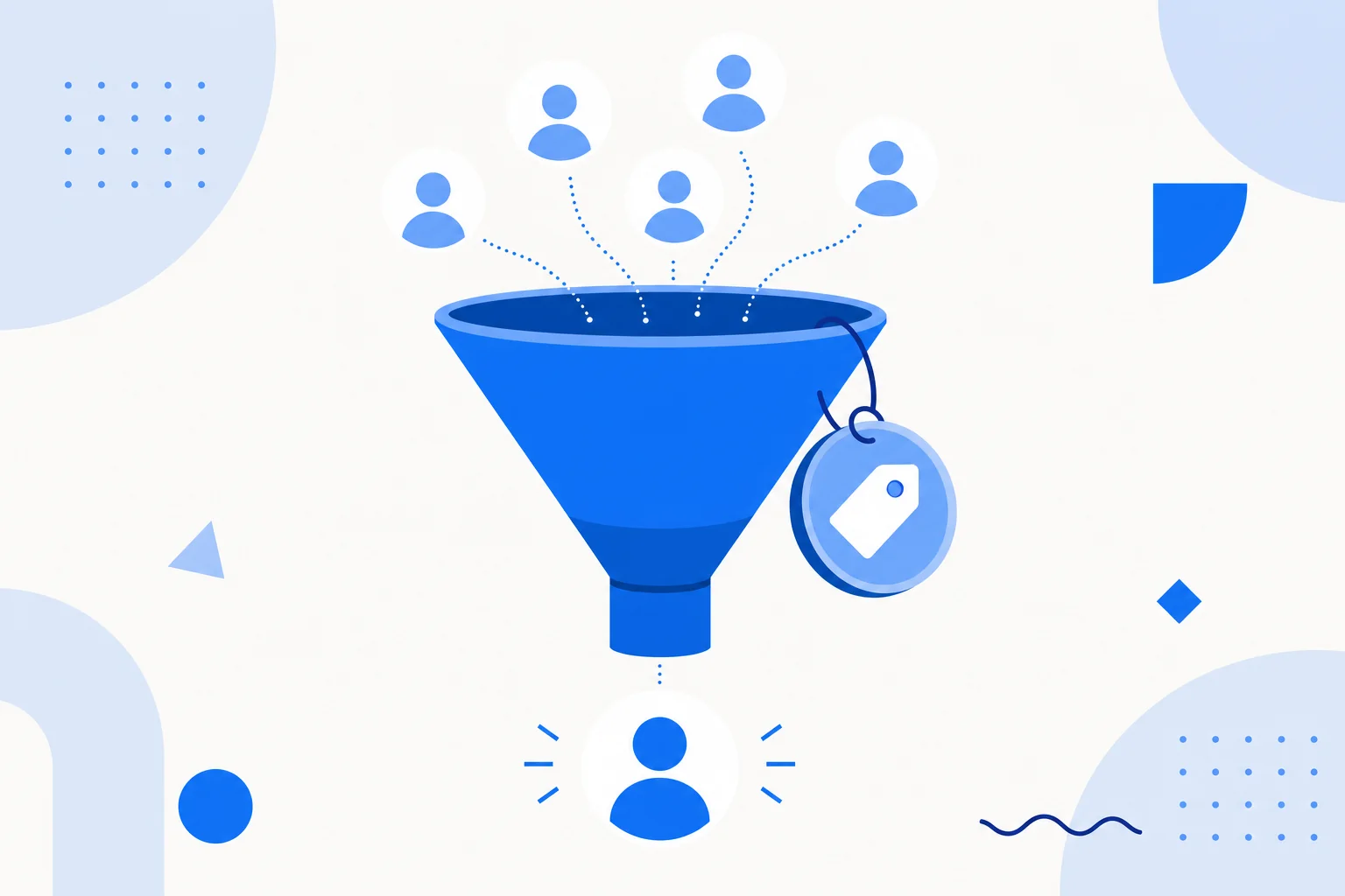 Illustration of customer acquisition cost: a funnel attracting customers with an associated cost tag.