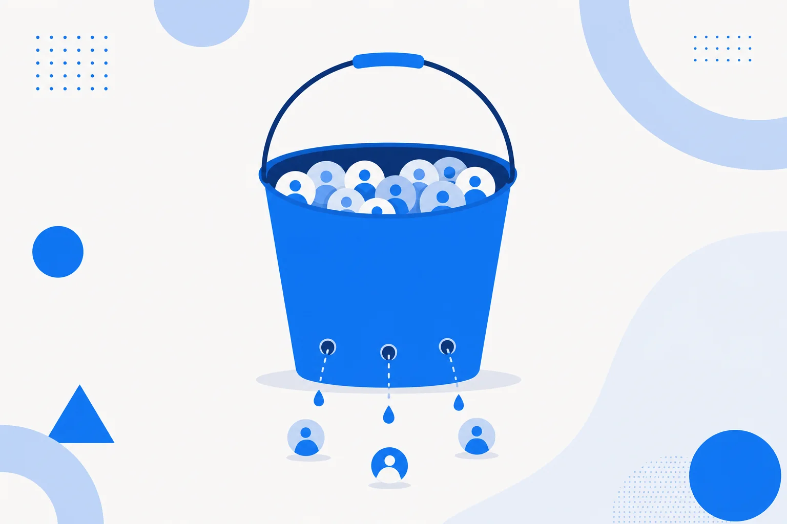 Illustration of churn: a bucket of subscribers with small leaks representing customers and revenue slipping away.