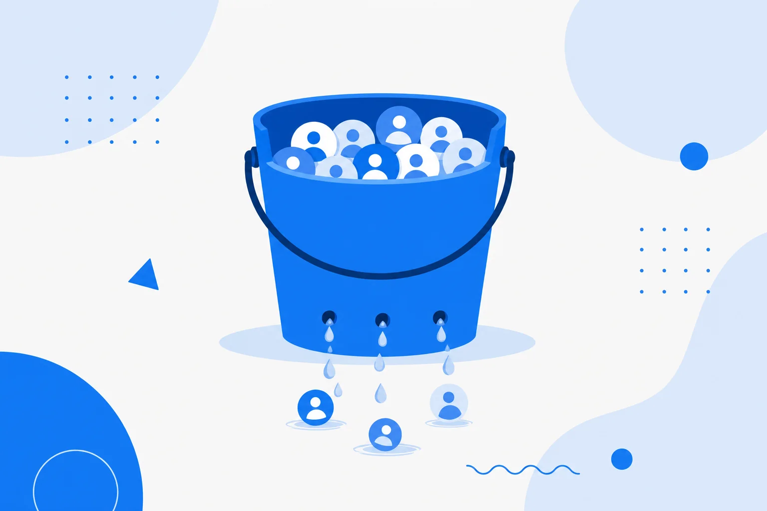 Ilustración de churn: un balde de suscriptores con pequeñas fugas que representan clientes e ingresos que se escapan.