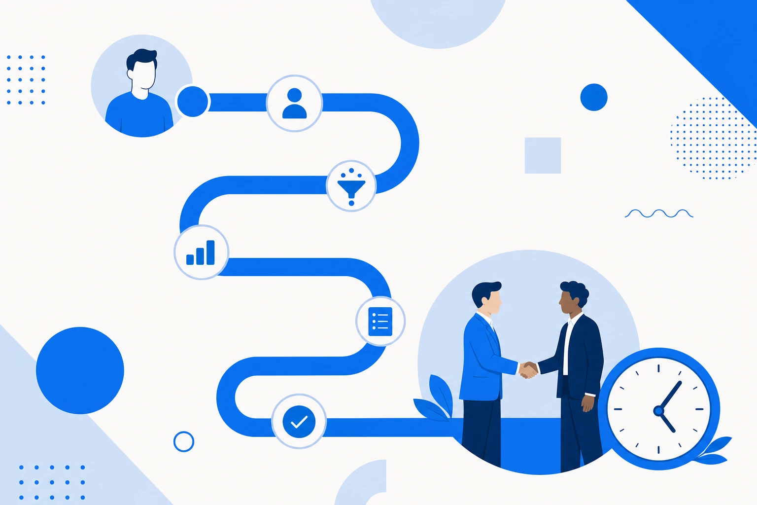 Illustration of a sales cycle: from first contact to signature, moving through qualification, demo, proposal and negotiation.
