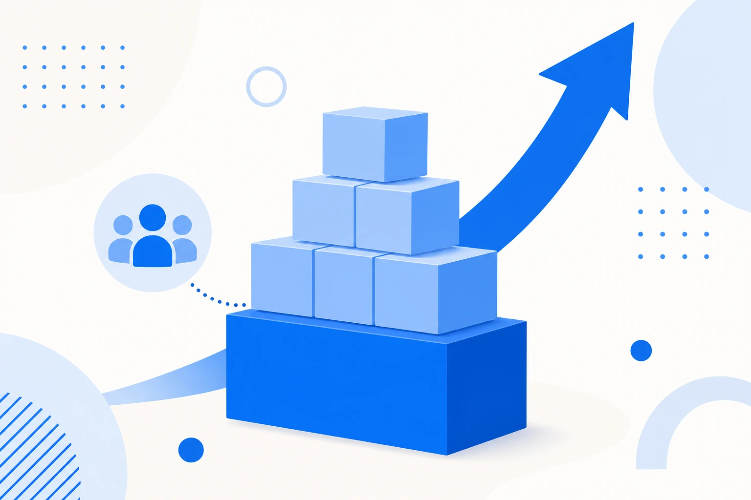 Illustration of expansion revenue: an existing customer base earning more with upsell, cross-sell and usage arrows rising.