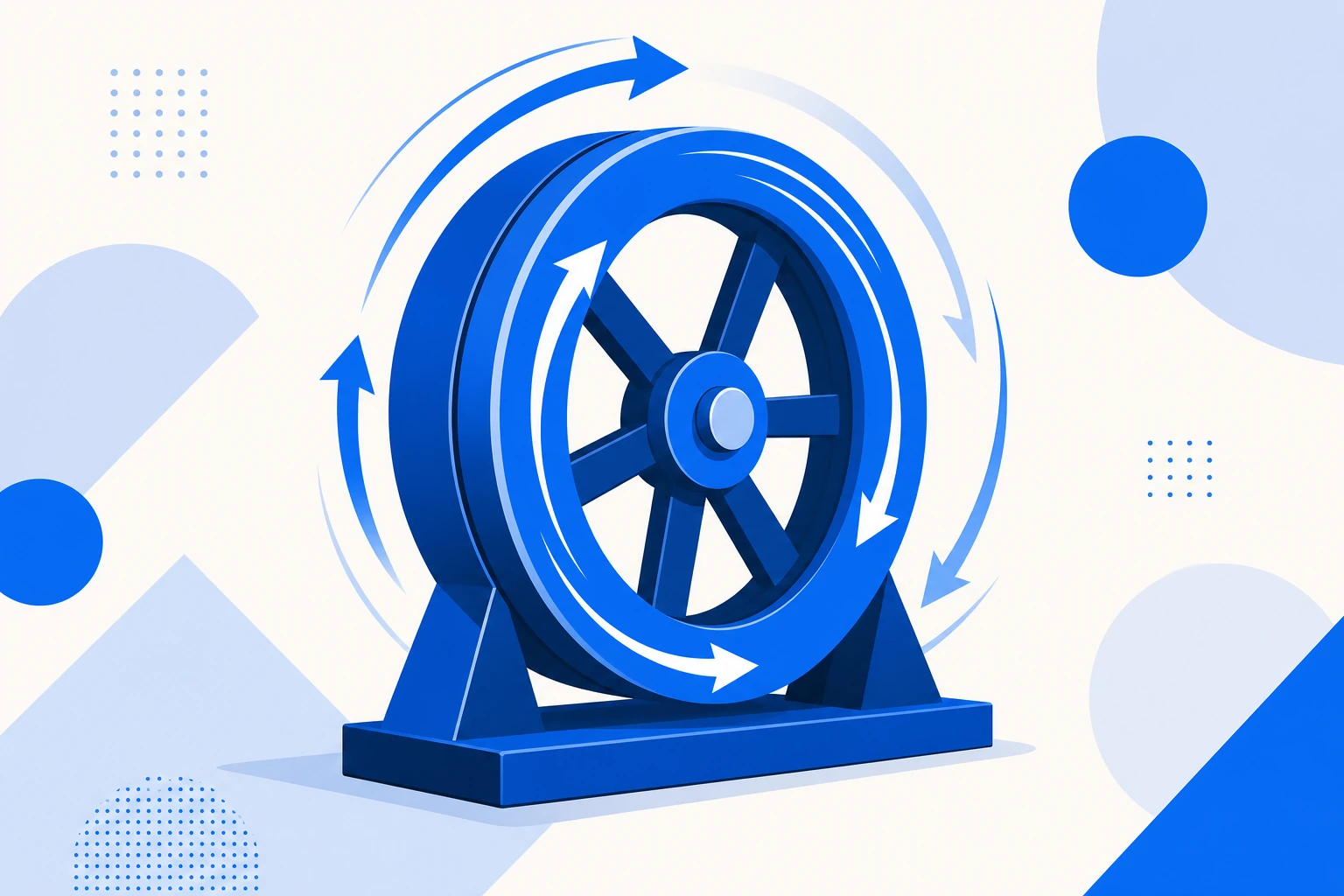 Illustration of a growth flywheel spinning: happy customers, referrals, cheap acquisition and reinvestment in a loop.