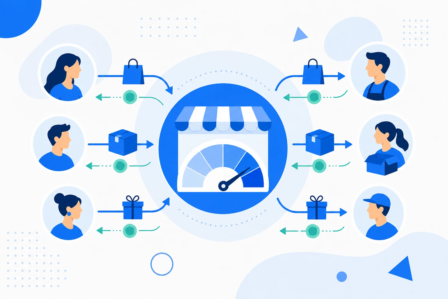 Illustration of gross merchandise value: several marketplace transactions summed into a total moved in the period.
