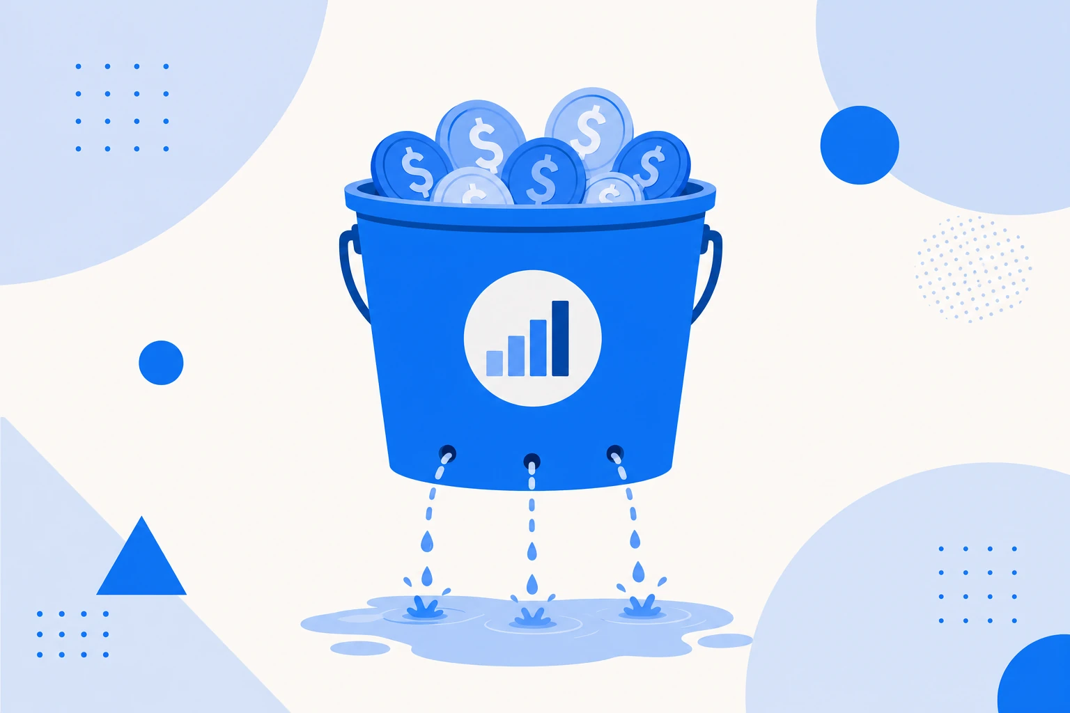 Illustration of gross MRR churn: recurring revenue leaking from a subscription base through cancellations and downgrades.