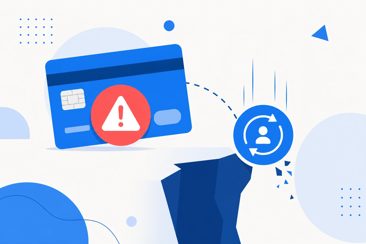 Ilustración de churn involuntario: una tarjeta de crédito rechazada derribando una suscripción sin que el cliente haya decidido irse.