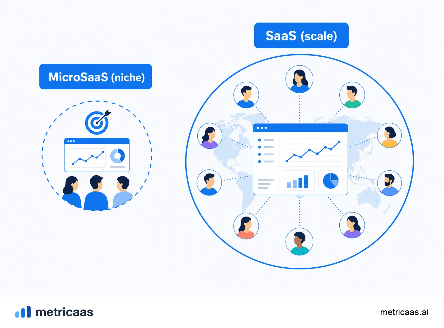 Illustration of MicroSaaS ideas: small niche tools such as captions, invoices and schedules.
