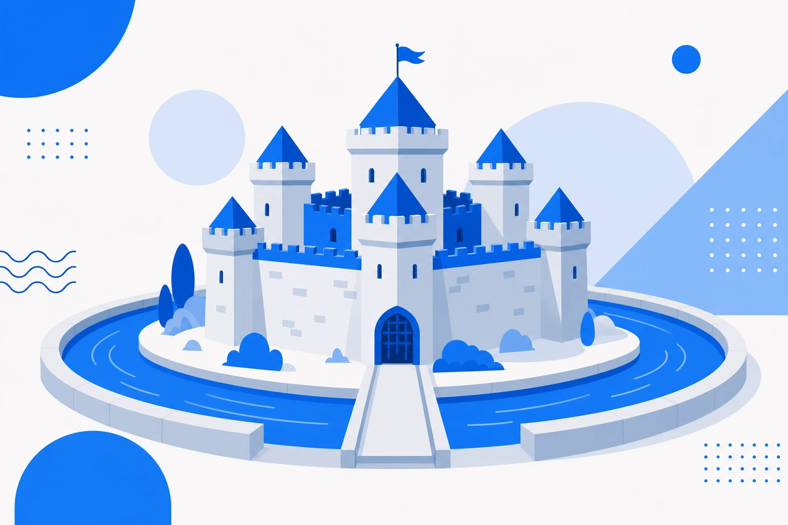 Ilustración de un moat, o foso competitivo, protegiendo a un negocio SaaS de la competencia.