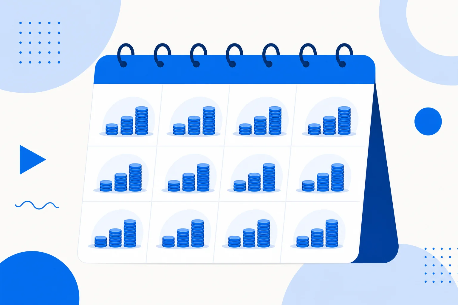 Illustration of monthly recurring revenue: a calendar with revenue bars that repeat every month.
