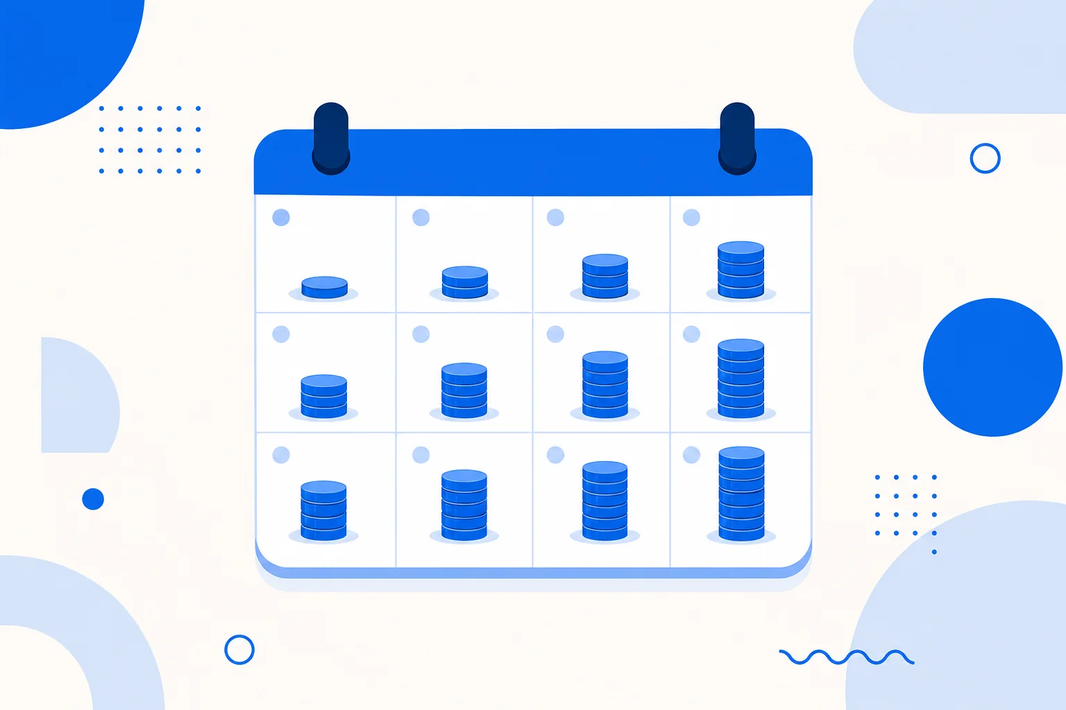 Ilustración de ingresos recurrentes mensuales: un calendario con barras de ingresos que se repiten cada mes.