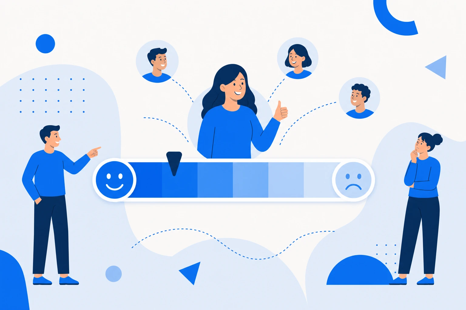 Illustration of NPS: a gauge with the 0 to 10 question and customers recommending the brand.
