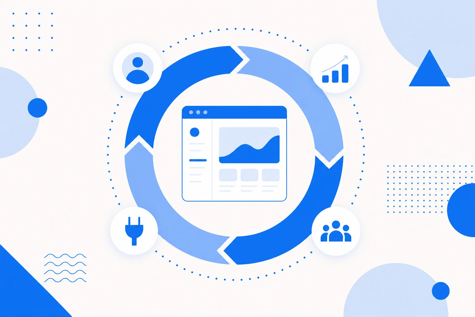 Ilustración de product-led growth: el producto en el centro, funcionando como motor que impulsa adquisición, activación, conversión y expansión.