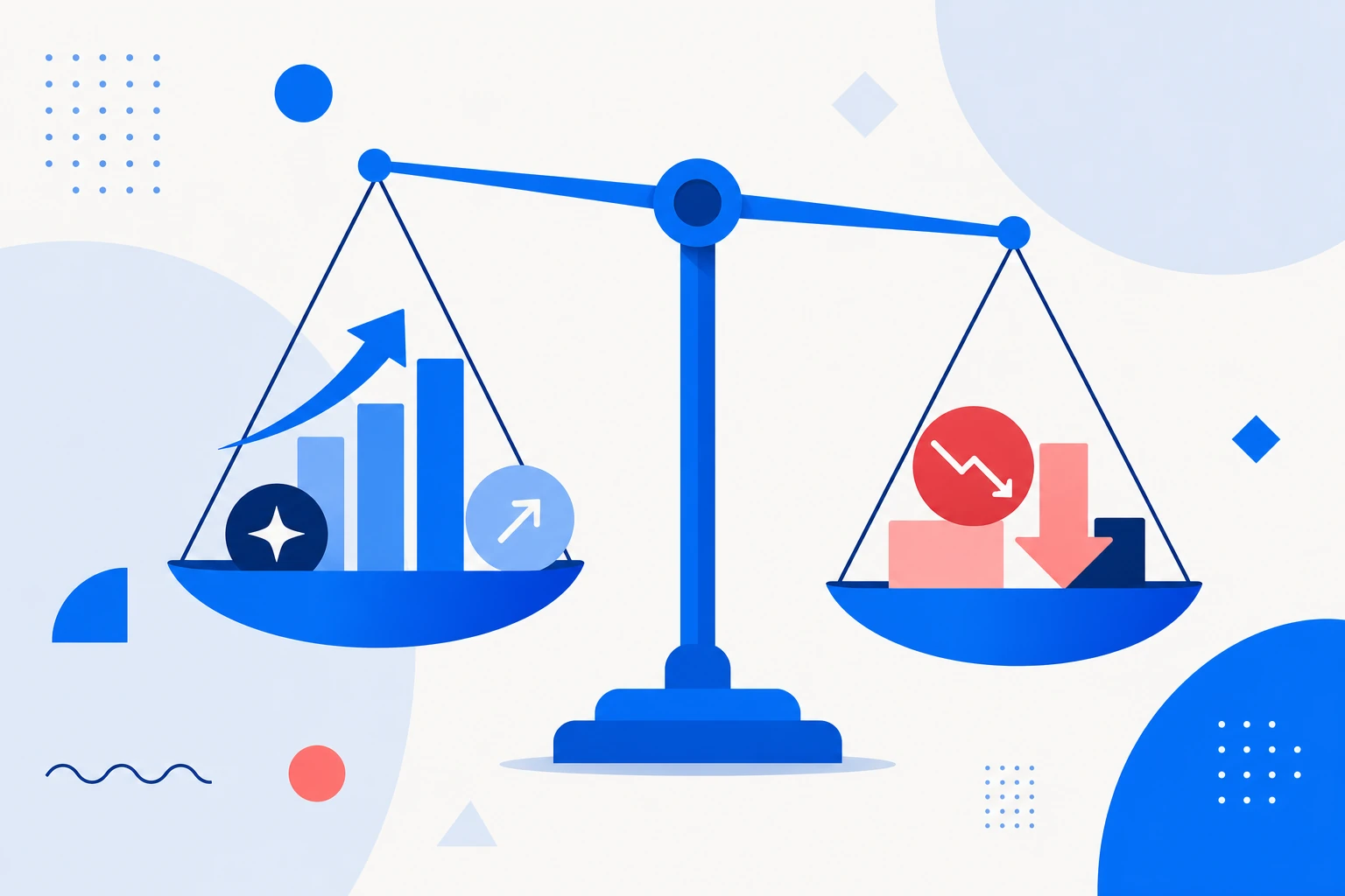 Illustration of the SaaS quick ratio: recurring revenue gained on one side and lost on the other, weighed on a growth-efficiency scale.