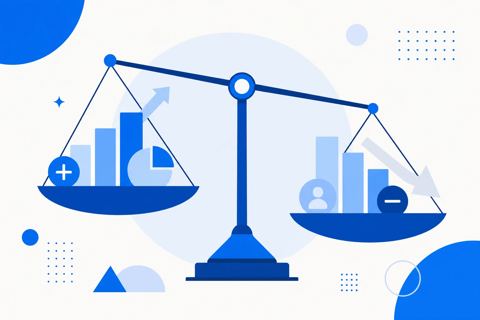 Ilustración del SaaS quick ratio: ingreso recurrente ganado de un lado y perdido del otro, comparados en una balanza de eficiencia de crecimiento.