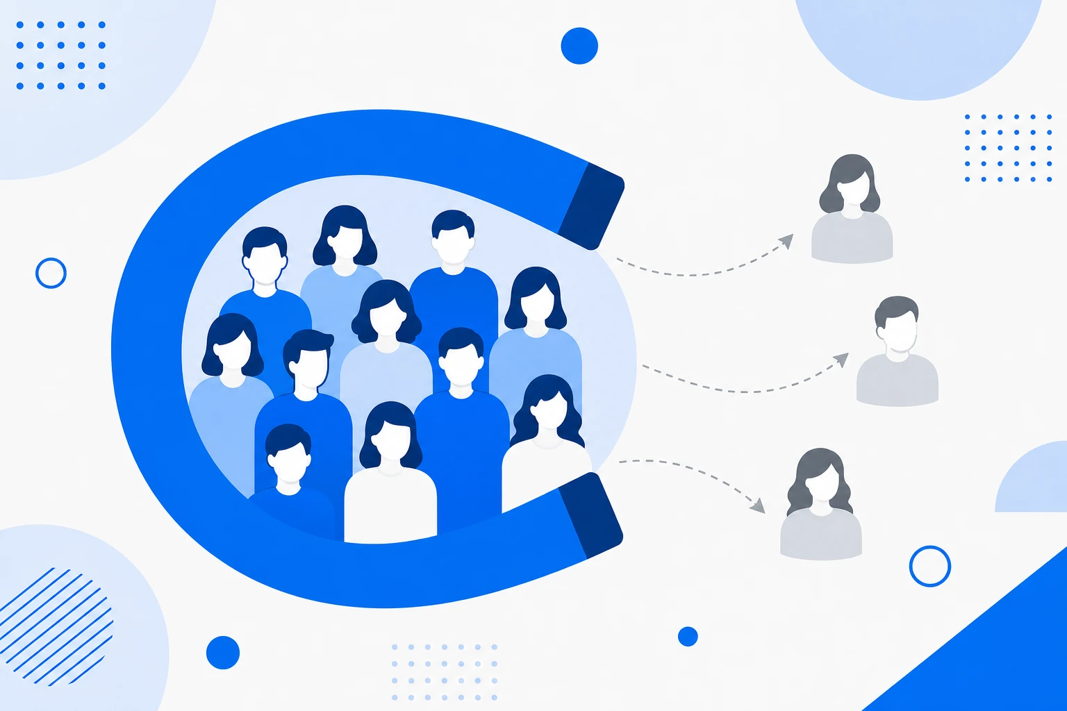 Illustration of the retention rate: a group of customers that stays active at the end of a period while a few leave.