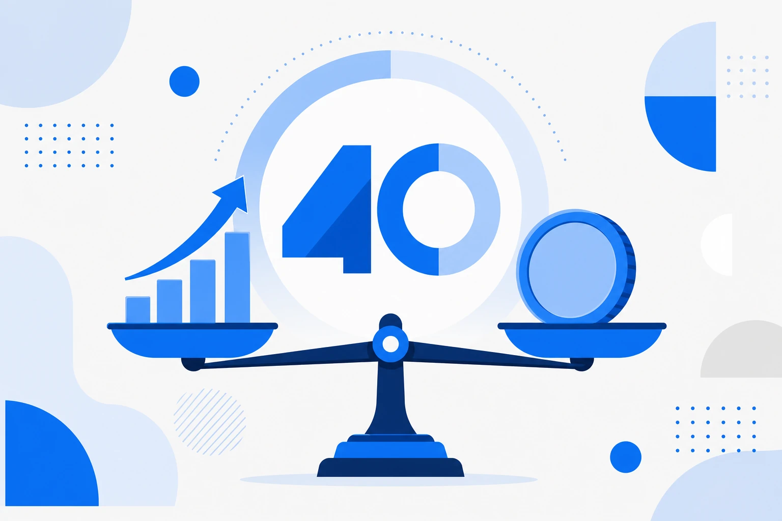 Ilustración de la Rule of 40: una balanza que equilibra el crecimiento de los ingresos de un lado y el margen de beneficio del otro, sumando 40%.