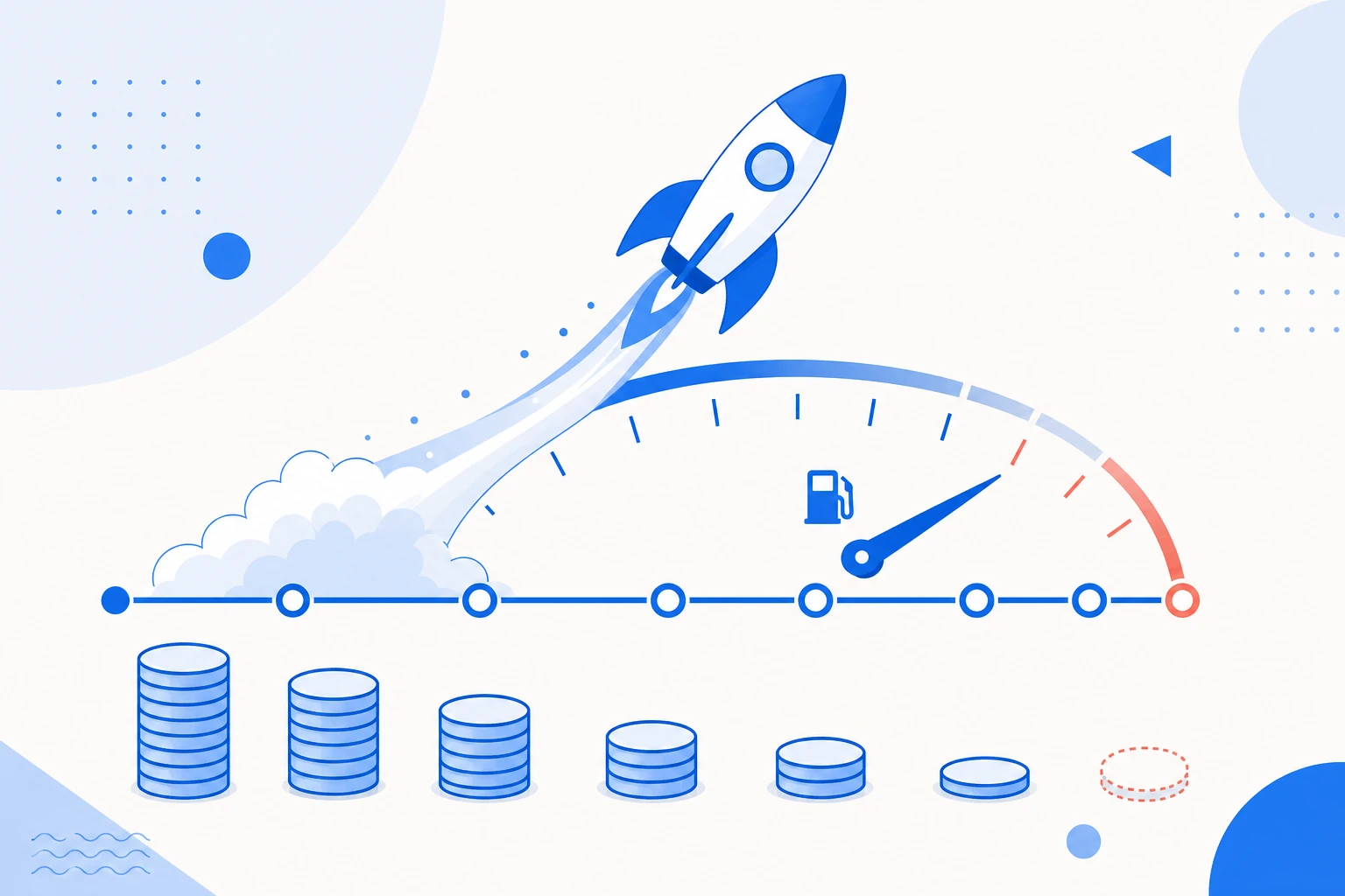 Ilustração de runway financeiro: um medidor de caixa mostrando quantos meses a operação ainda se sustenta no ritmo de burn atual.