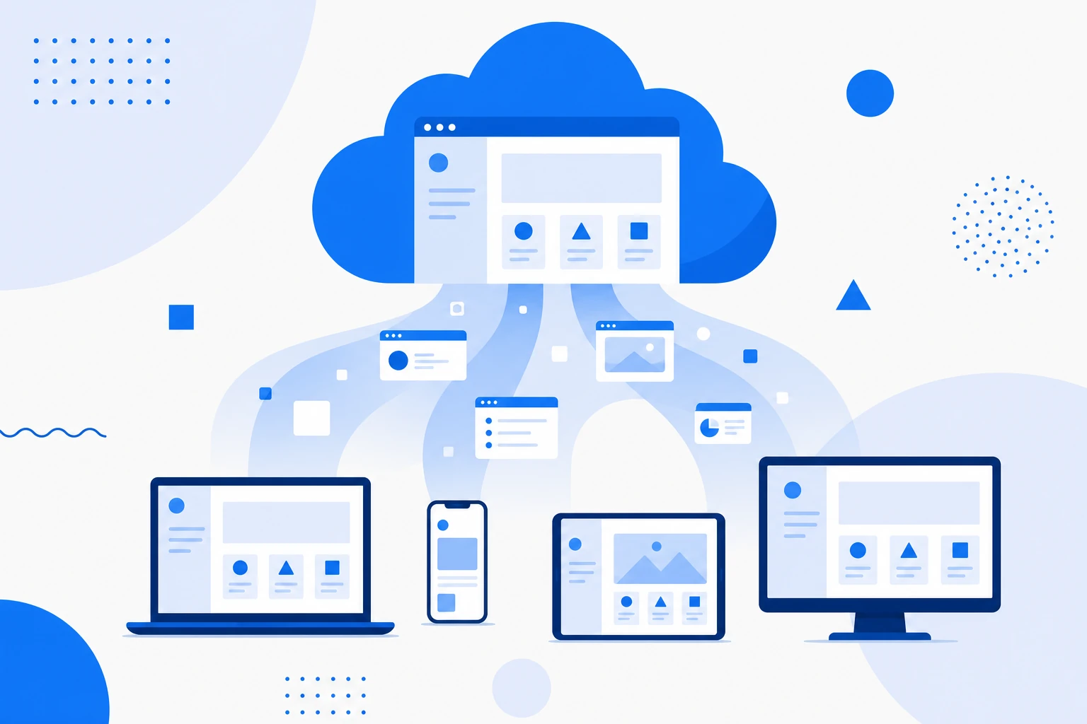 Illustration of the SaaS model: cloud software accessed by many customers paying a recurring subscription.