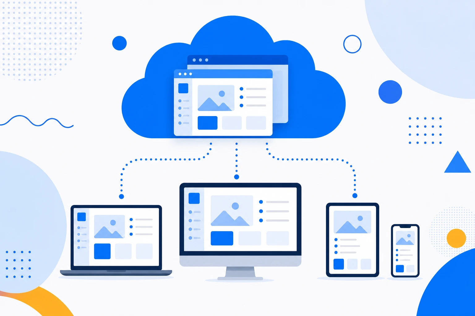 Ilustración del modelo SaaS: un software en la nube al que acceden varios clientes que pagan una suscripción recurrente.