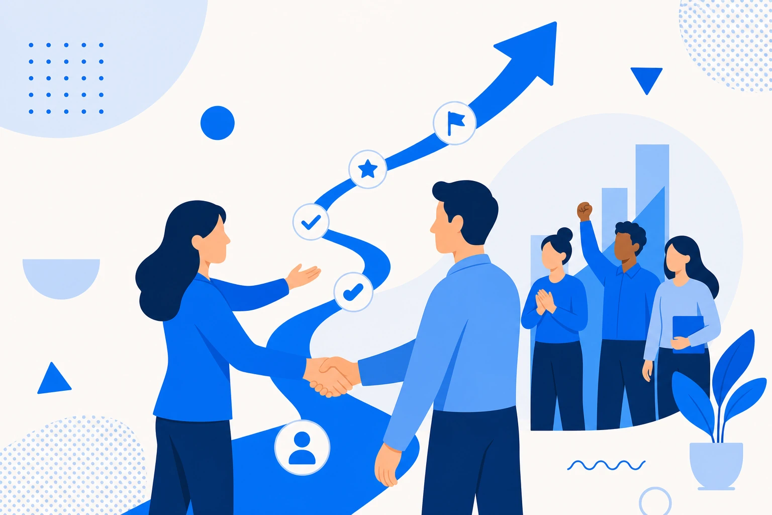 Illustration of sales-led growth: a rep guiding the buyer through a demo to closing the contract.